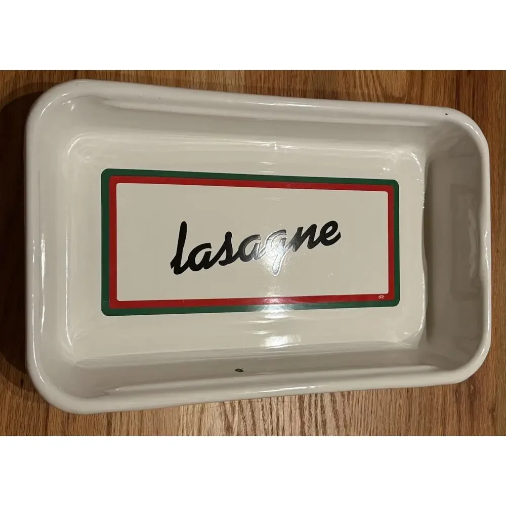 Vintage White Lasagne Enamel Metal Baking Roasting Cake Pan By GHC 16” X 10”